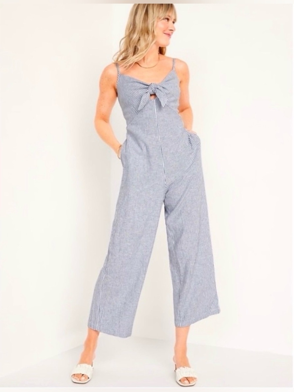 Old Navy Women’s Striped Smocked Knotted Linen-Blend Cami Jumpsuit Size Small